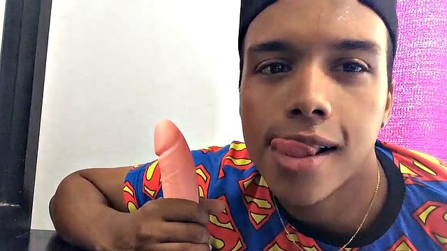 Our featured solo boy of the week is Jason, a cute little Latin twink with a fine butt and big uncut cock. This bottom boy has a dildo handy, and plans to make good use of it while jacking off for us.