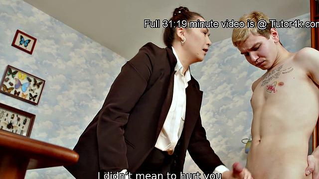Kinky Russian Teacher in stockings gets naked and fucks in front of her naked student