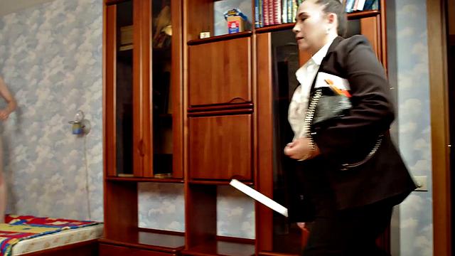 Kinky Russian Teacher in stockings gets naked and fucks in front of her naked student