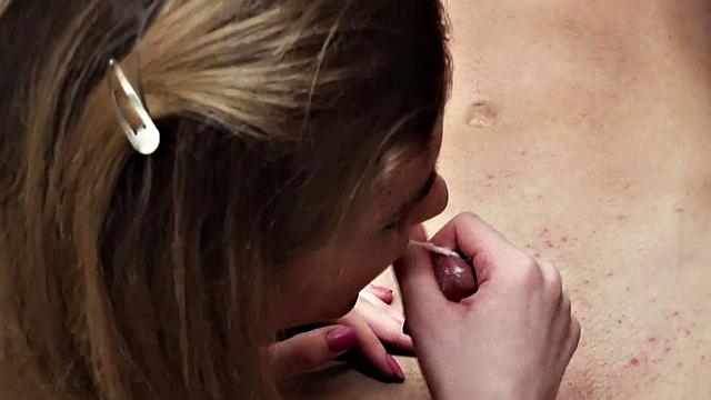 Get a POV view of a brown-haired babe getting her nipples sucked in a store