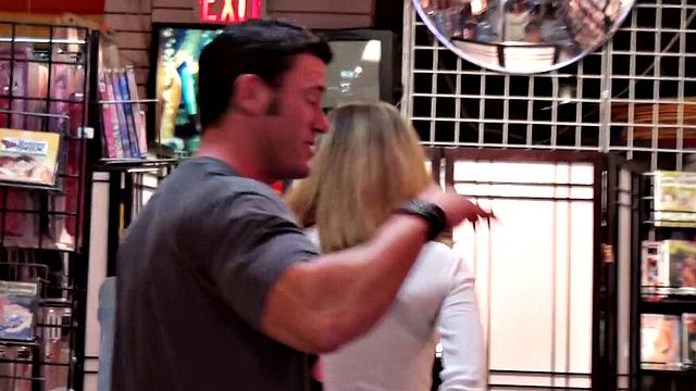 Get a POV view of a brown-haired babe getting her nipples sucked in a store