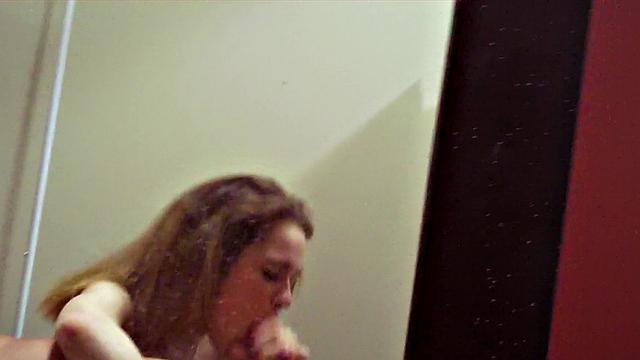 Get a POV view of a brown-haired babe getting her nipples sucked in a store