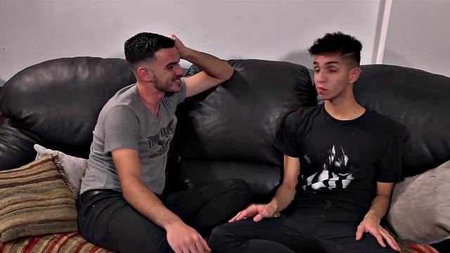 Barebacked Latin twink cums on sofa while assfucked