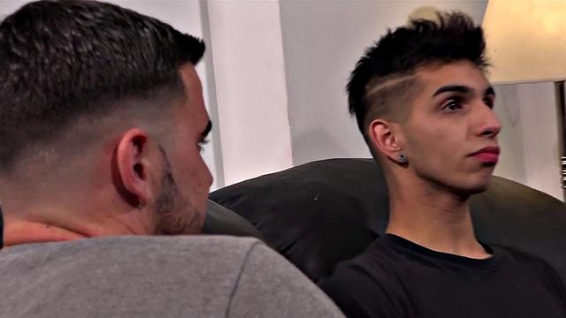 Barebacked Latin twink cums on sofa while assfucked