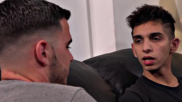 Barebacked Latin twink cums on sofa while assfucked