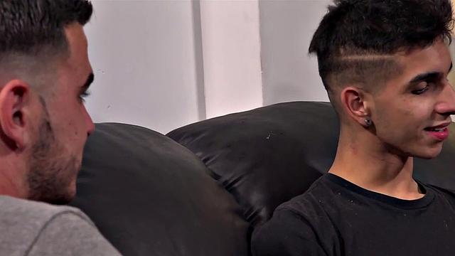 Barebacked Latin twink cums on sofa while assfucked