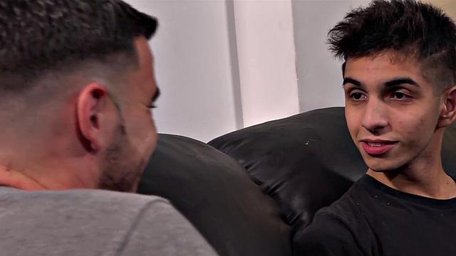 Barebacked Latin twink cums on sofa while assfucked