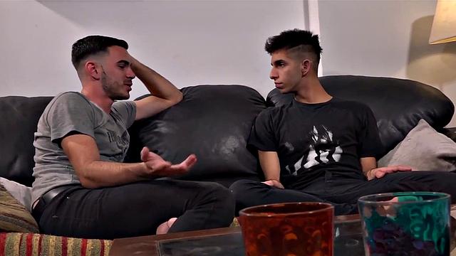 Barebacked Latin twink cums on sofa while assfucked