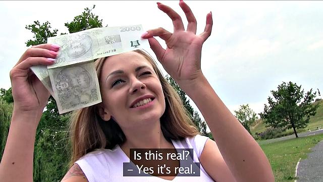 Russian cutie with brown hair gets paid for a hard fuck & a hot blowjob