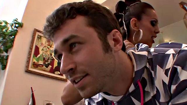 Dominating busty cougar in fishnets eaten before sex