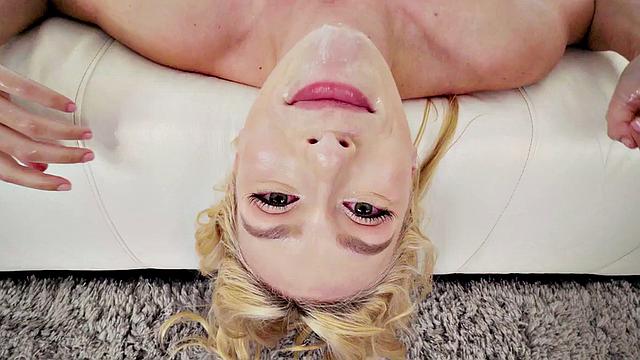 Stunning babe gagging while sucking cock
