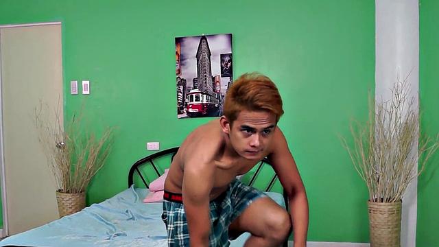 Solo Asian twink jerks cock at home till cumshot