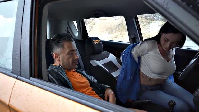 Driving student gets publicly fucked outdoors by instructor in car