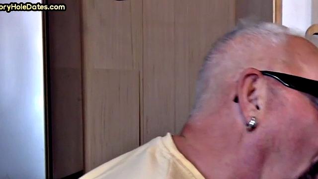 Gay Daddy adores sucking gloryhole penis at his home