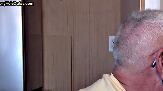 Gay Daddy adores sucking gloryhole penis at his home
