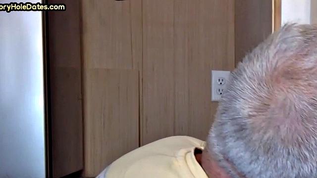 Gay Daddy adores sucking gloryhole penis at his home