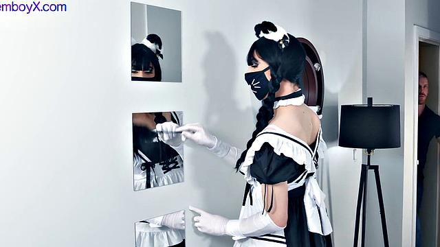 Maid femboy cleaning guys pipes