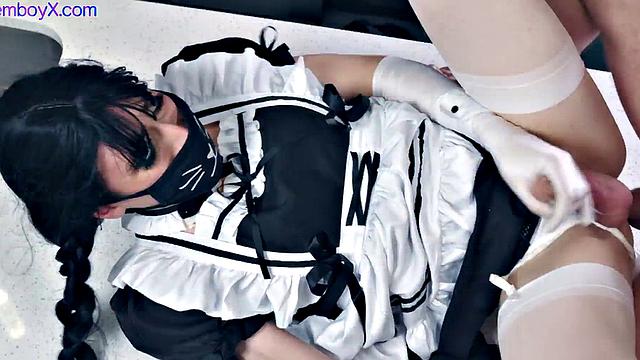 Maid femboy cleaning guys pipes