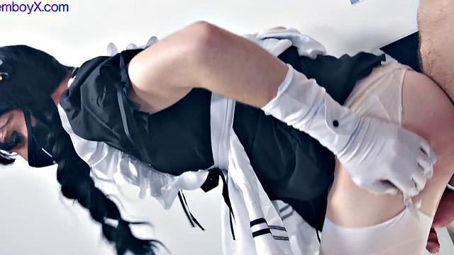 Maid femboy cleaning guys pipes
