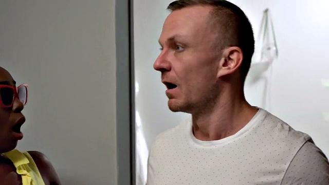 Ebony babe sucks cock and gets fucked by hostel manager