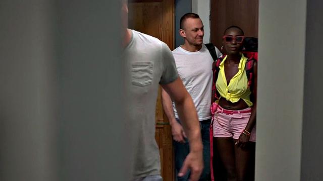 Ebony babe sucks cock and gets fucked by hostel manager