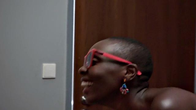 Ebony babe sucks cock and gets fucked by hostel manager