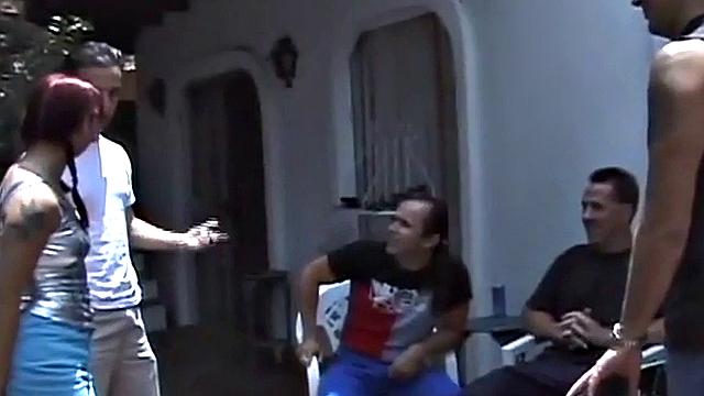 Gangbang babe ass fucked in group action