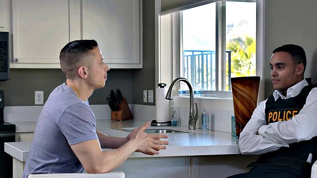 Watch this tattooed black officer give a sloppy rimjob before breeding his ass in the kitchen