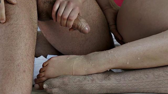 Lingerie foot model sucking outdoors before oral and cum