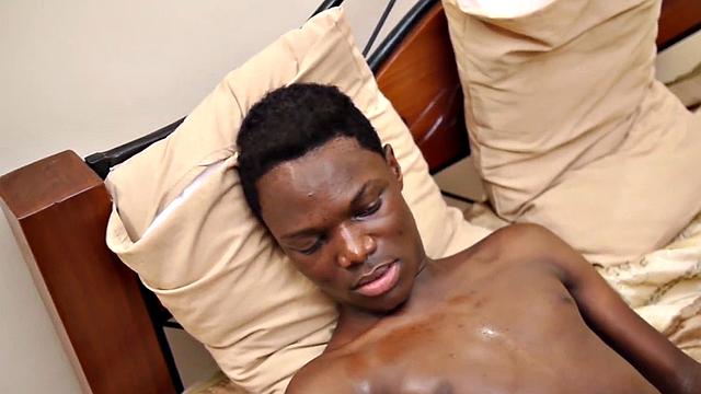 Solo Black twink from Africa jerks oiled cock at home