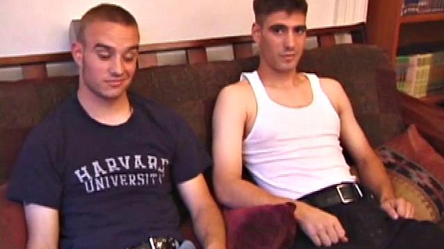 These friends have been through a lot together, and now they are going to jerk off together. Apparently the two are happy to do it, so side-by-side they sit and jerk off for your viewing pleasure.