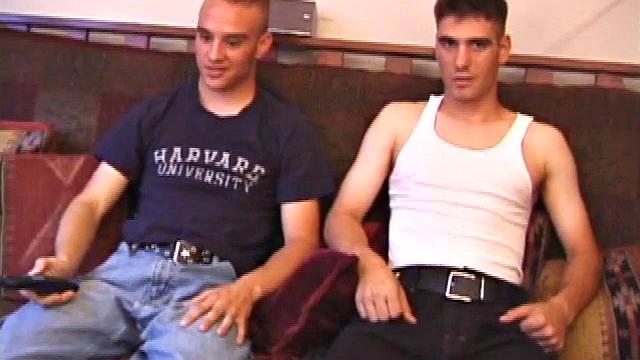 These friends have been through a lot together, and now they are going to jerk off together. Apparently the two are happy to do it, so side-by-side they sit and jerk off for your viewing pleasure.