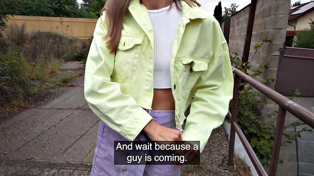 Tiny picked up slut gets outdor fucked before gagging on cock