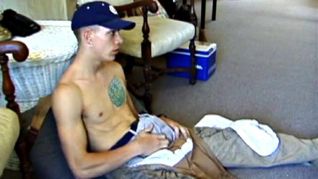 While on a break from doing yard work, Shane strips naked and starts getting stiff. He works the remote, and his cock, until finally pumping a messy cum load onto a towel.