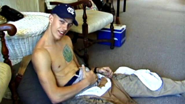 While on a break from doing yard work, Shane strips naked and starts getting stiff. He works the remote, and his cock, until finally pumping a messy cum load onto a towel.