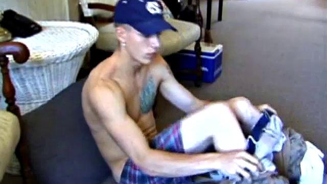 While on a break from doing yard work, Shane strips naked and starts getting stiff. He works the remote, and his cock, until finally pumping a messy cum load onto a towel.