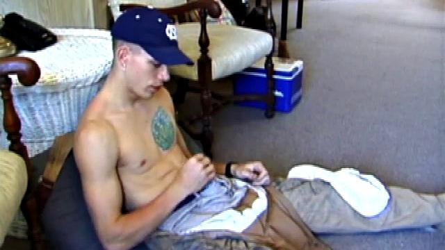 While on a break from doing yard work, Shane strips naked and starts getting stiff. He works the remote, and his cock, until finally pumping a messy cum load onto a towel.