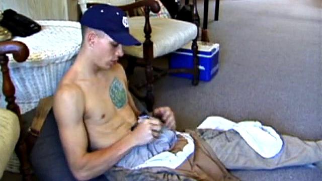 While on a break from doing yard work, Shane strips naked and starts getting stiff. He works the remote, and his cock, until finally pumping a messy cum load onto a towel.