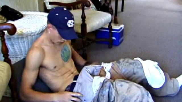 While on a break from doing yard work, Shane strips naked and starts getting stiff. He works the remote, and his cock, until finally pumping a messy cum load onto a towel.