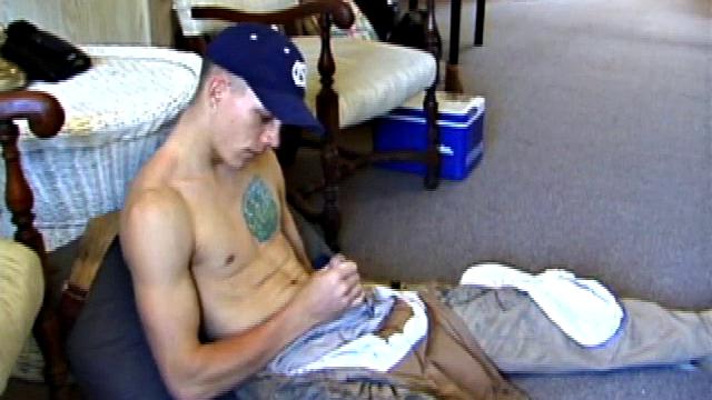While on a break from doing yard work, Shane strips naked and starts getting stiff. He works the remote, and his cock, until finally pumping a messy cum load onto a towel.