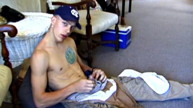While on a break from doing yard work, Shane strips naked and starts getting stiff. He works the remote, and his cock, until finally pumping a messy cum load onto a towel.