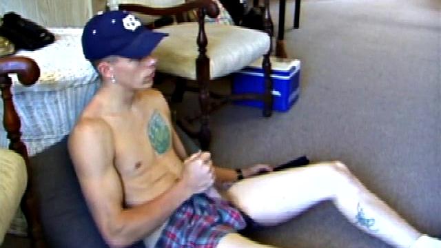 While on a break from doing yard work, Shane strips naked and starts getting stiff. He works the remote, and his cock, until finally pumping a messy cum load onto a towel.