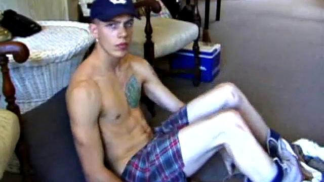 While on a break from doing yard work, Shane strips naked and starts getting stiff. He works the remote, and his cock, until finally pumping a messy cum load onto a towel.