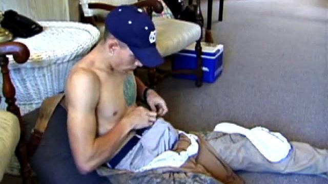 While on a break from doing yard work, Shane strips naked and starts getting stiff. He works the remote, and his cock, until finally pumping a messy cum load onto a towel.