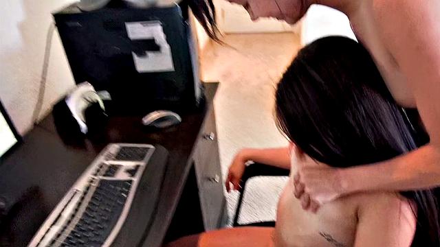 Brunette teen with tattoos gets drilled hard in threesome action