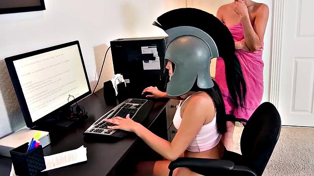 Brunette teen with tattoos gets drilled hard in threesome action