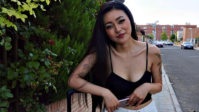 Inked Asian babe pulled into POV cockriding and outdoor sex