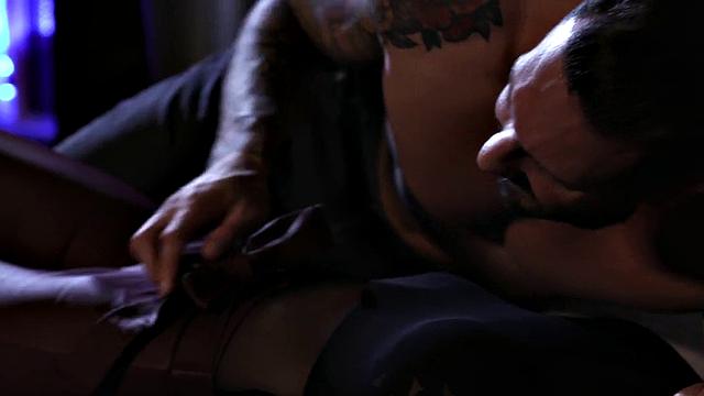 Busty lingerie babe sucks cock before riding in couple