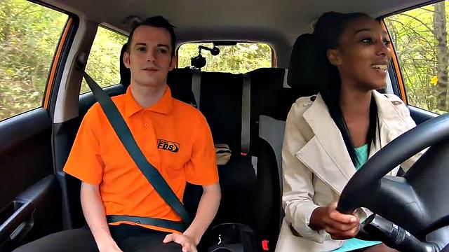 Ebony driving student fucked outdoors in car by tutor