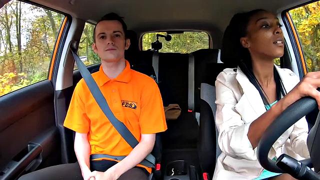 Ebony driving student fucked outdoors in car by tutor